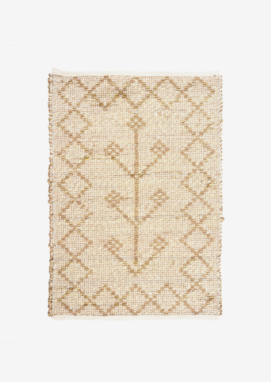 A seagrass rug in neutral color with talisman pattern and diamond border.