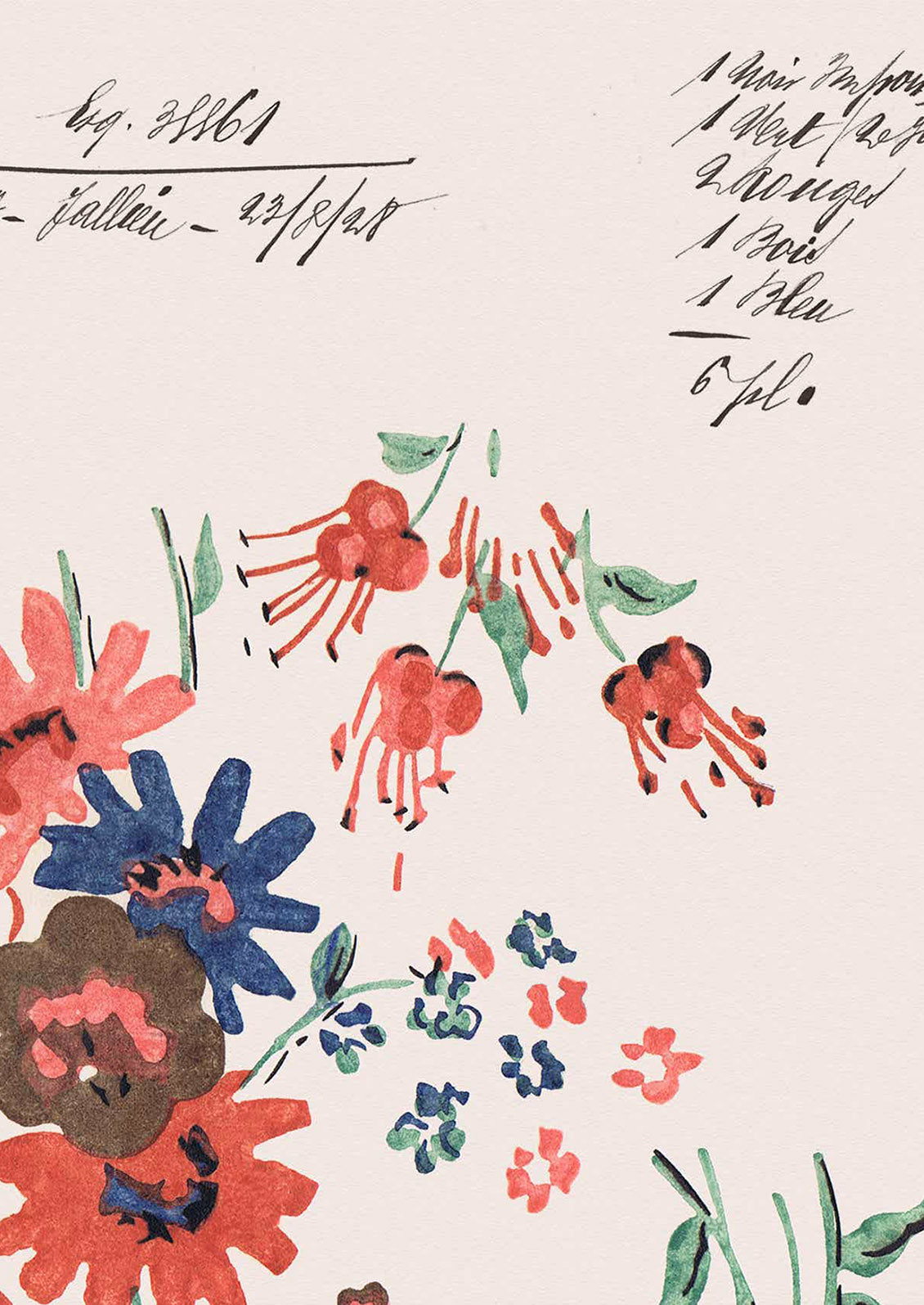 An antique inspired floral poster print with text detailing.