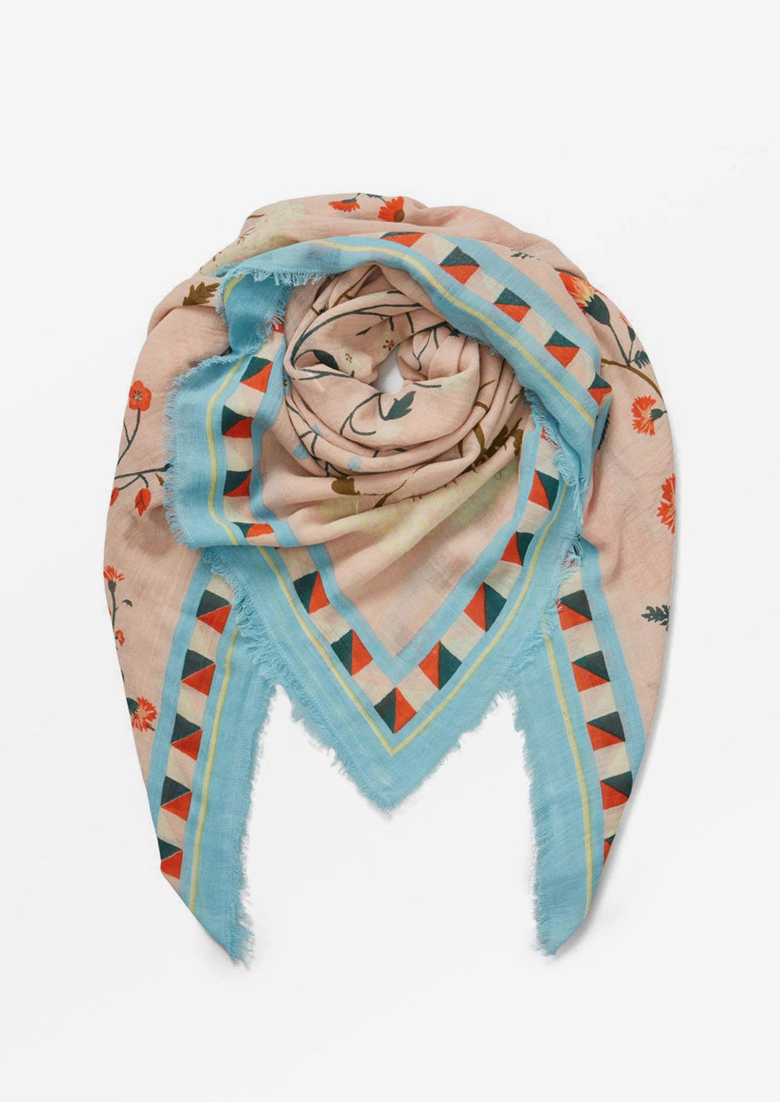 A scarf with blue geometric print border and orange and blue wildflower print.