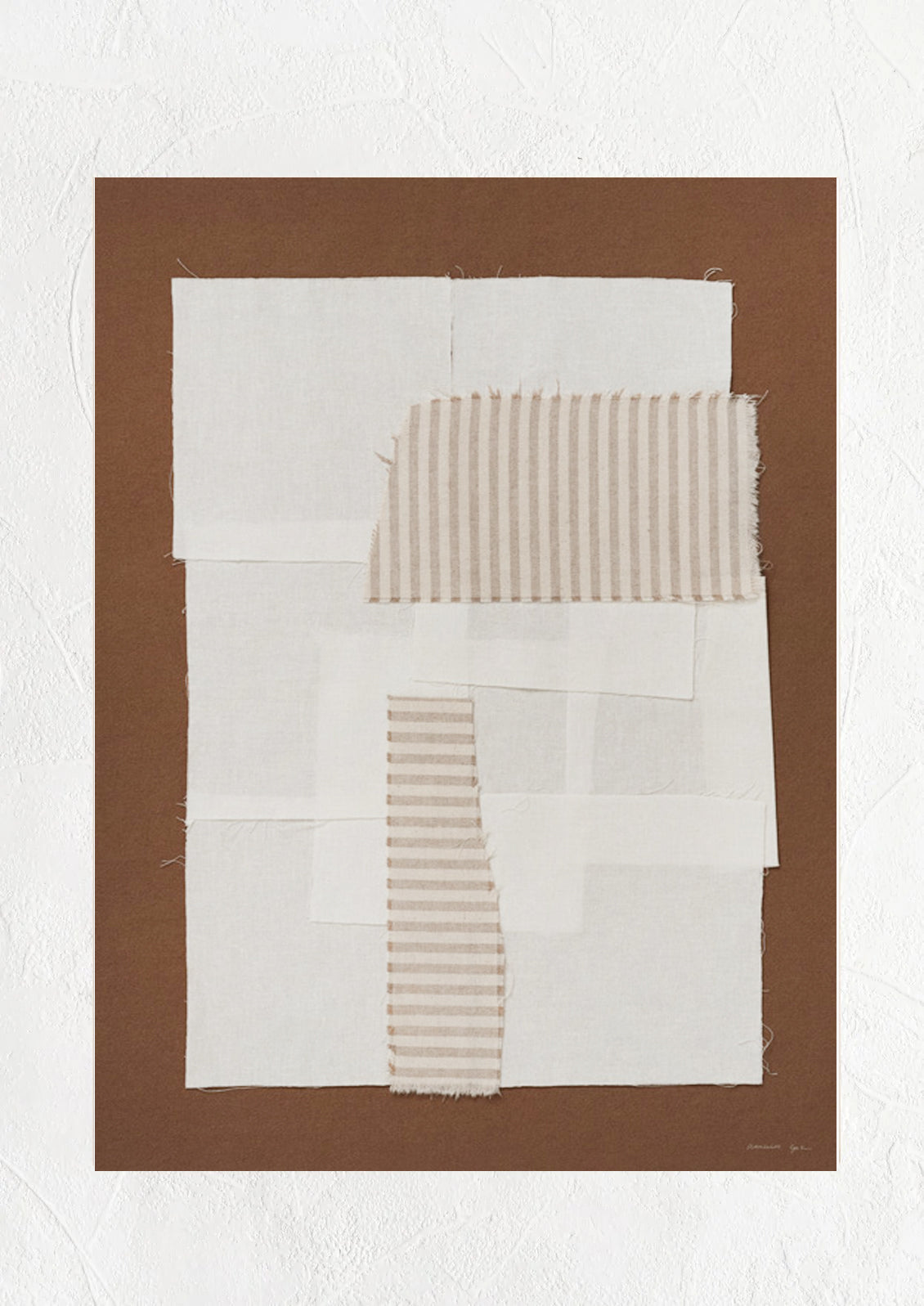 A brown art print with photographed textiles in ivory and tan stripes.