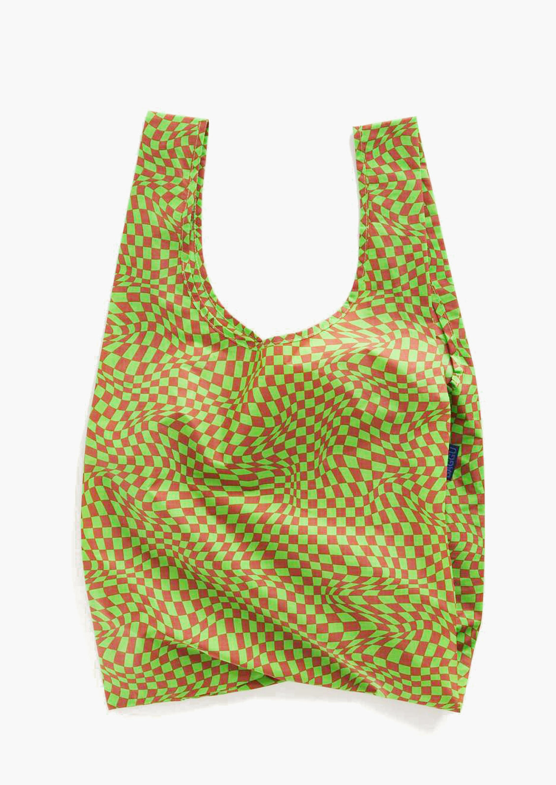A reusuable standard Baggu bag in green trippy checker print.
