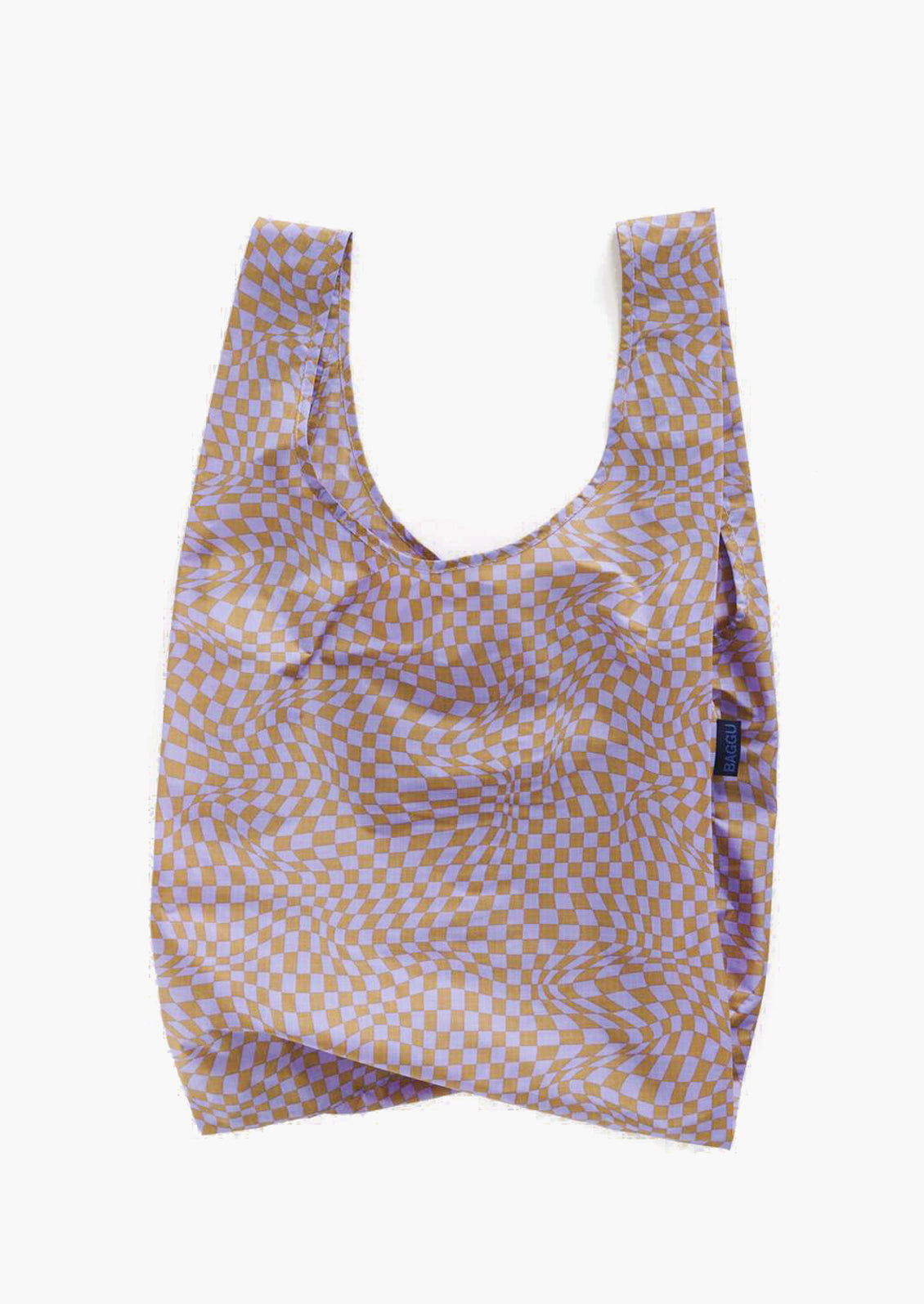 A reusuable standard Baggu bag in lavender trippy checker print.