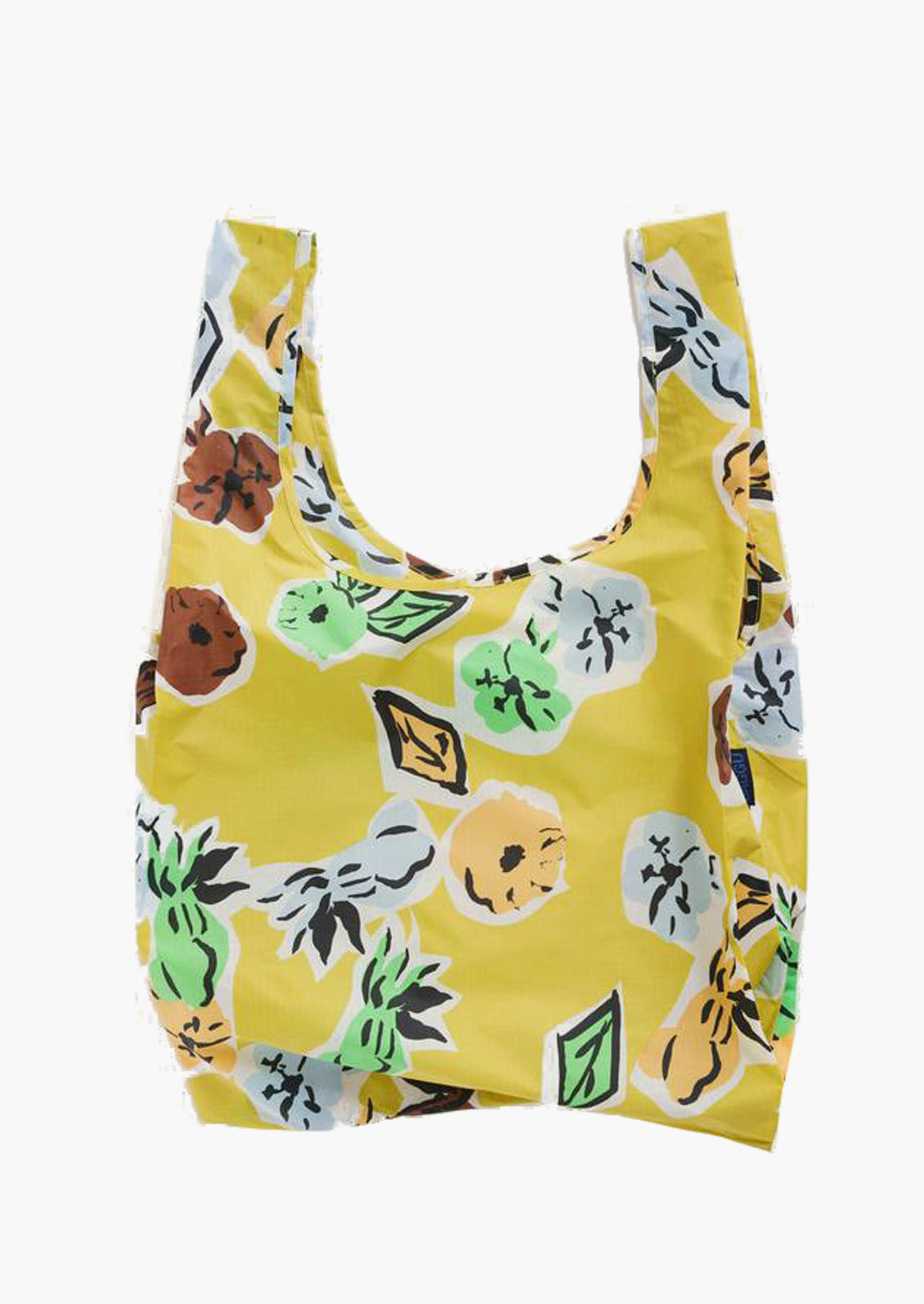 A reusable nylon bag in yellow floral print.