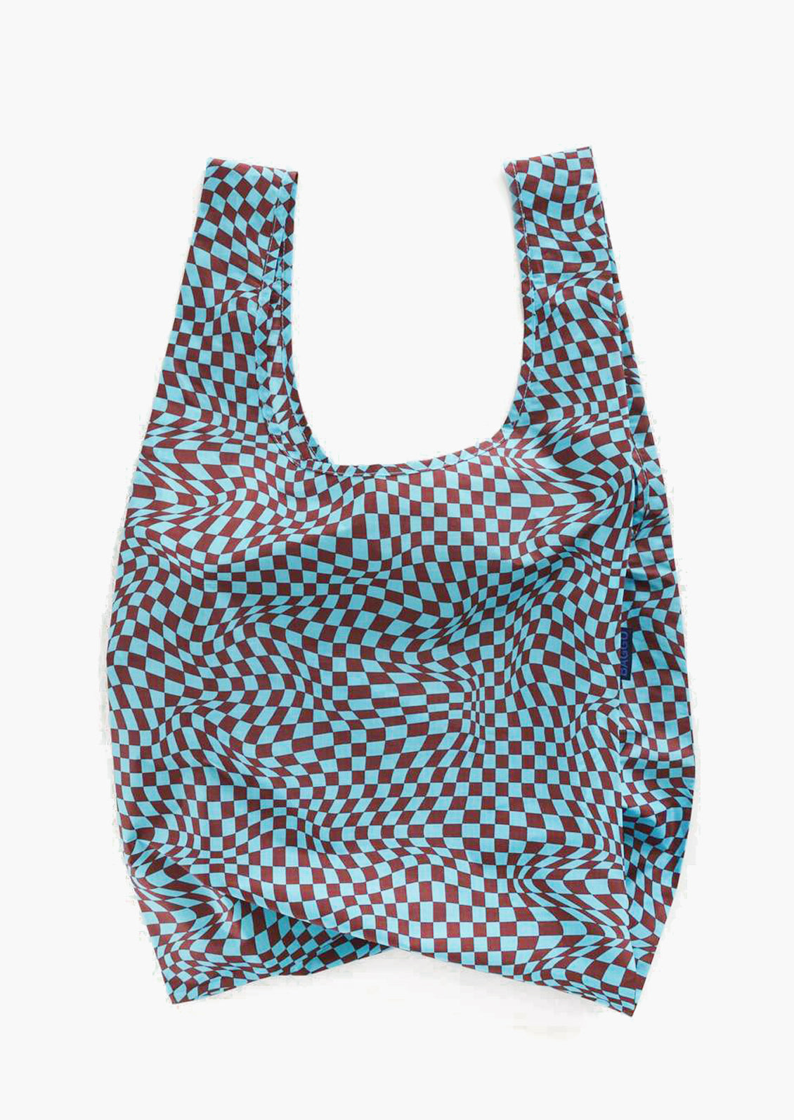 A reusuable standard Baggu bag in blue trippy checker print.