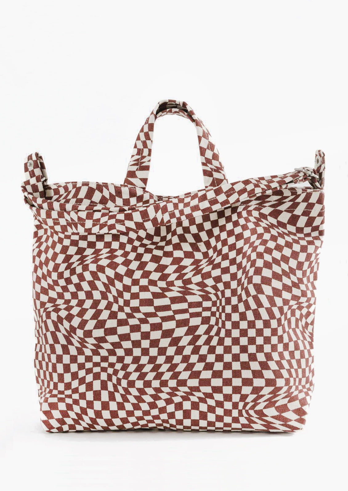 An east-west shaped canvas tote in burgundy checker print.