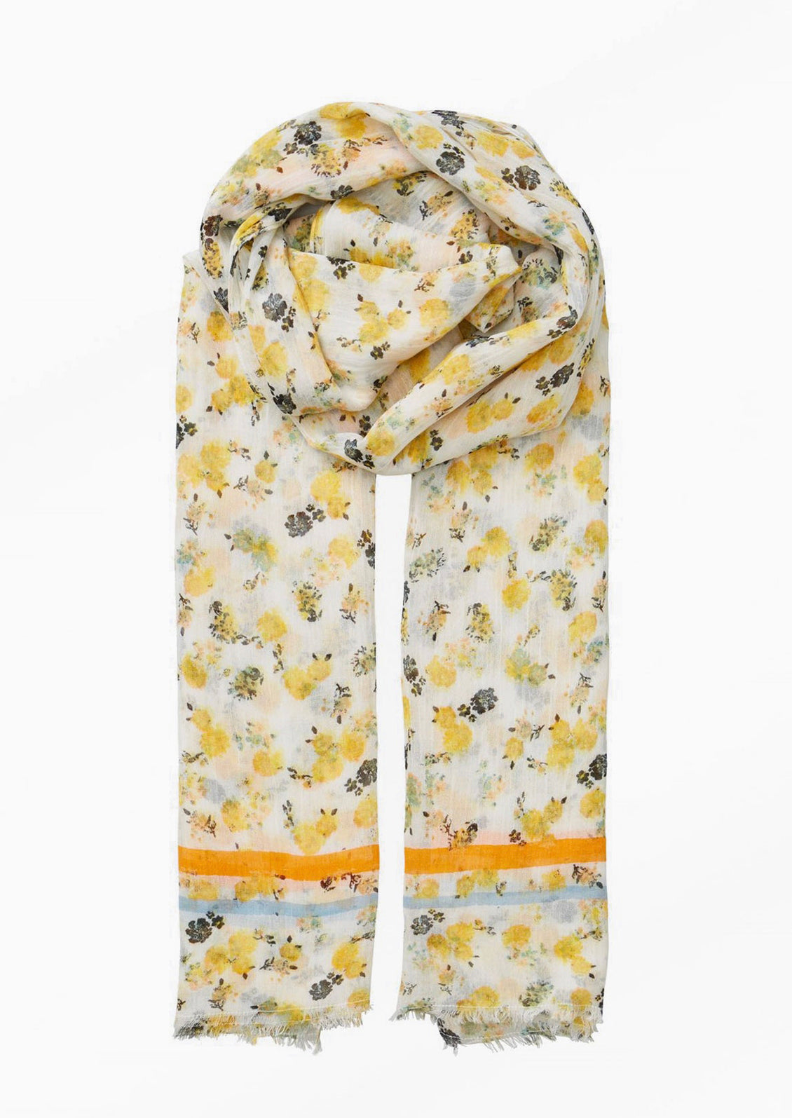 A floral print scarf with orange and blue border.