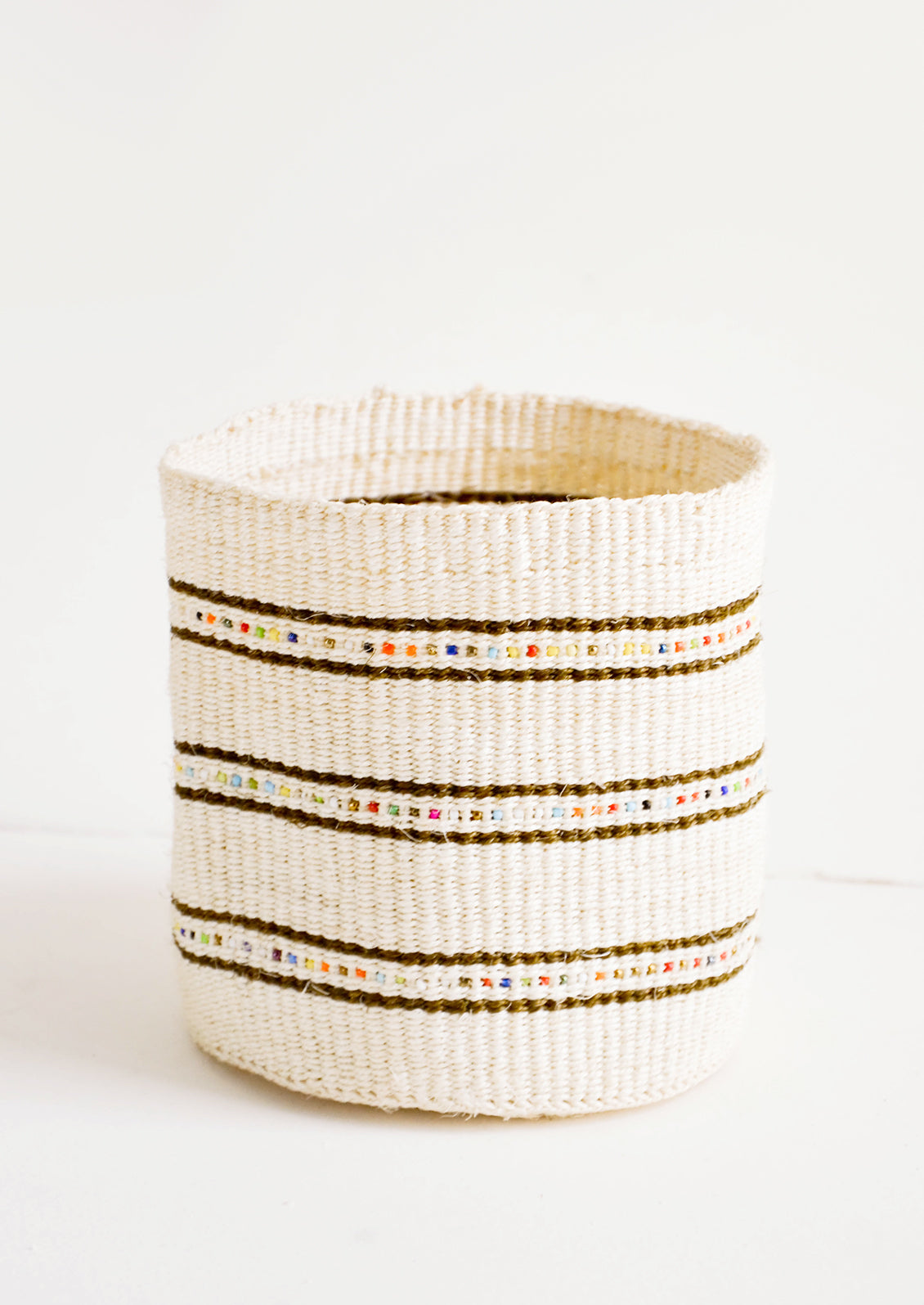 Natural sisal grass basket with stripes and rainbow beading