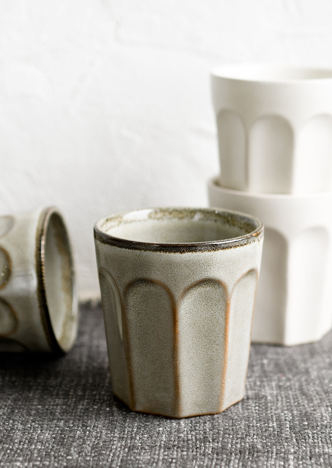 Ceramic bistrot style cups in white and pebble.