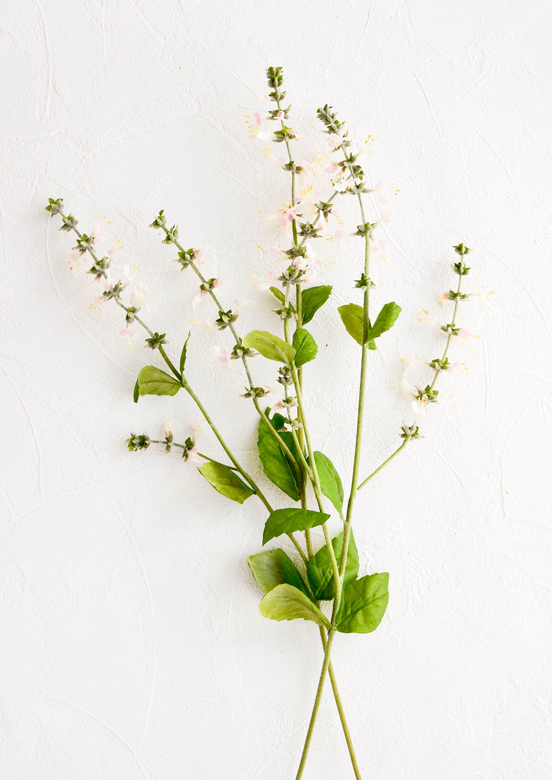 Realistic faux basil in blooming state, complete with flowers, leaves and stem