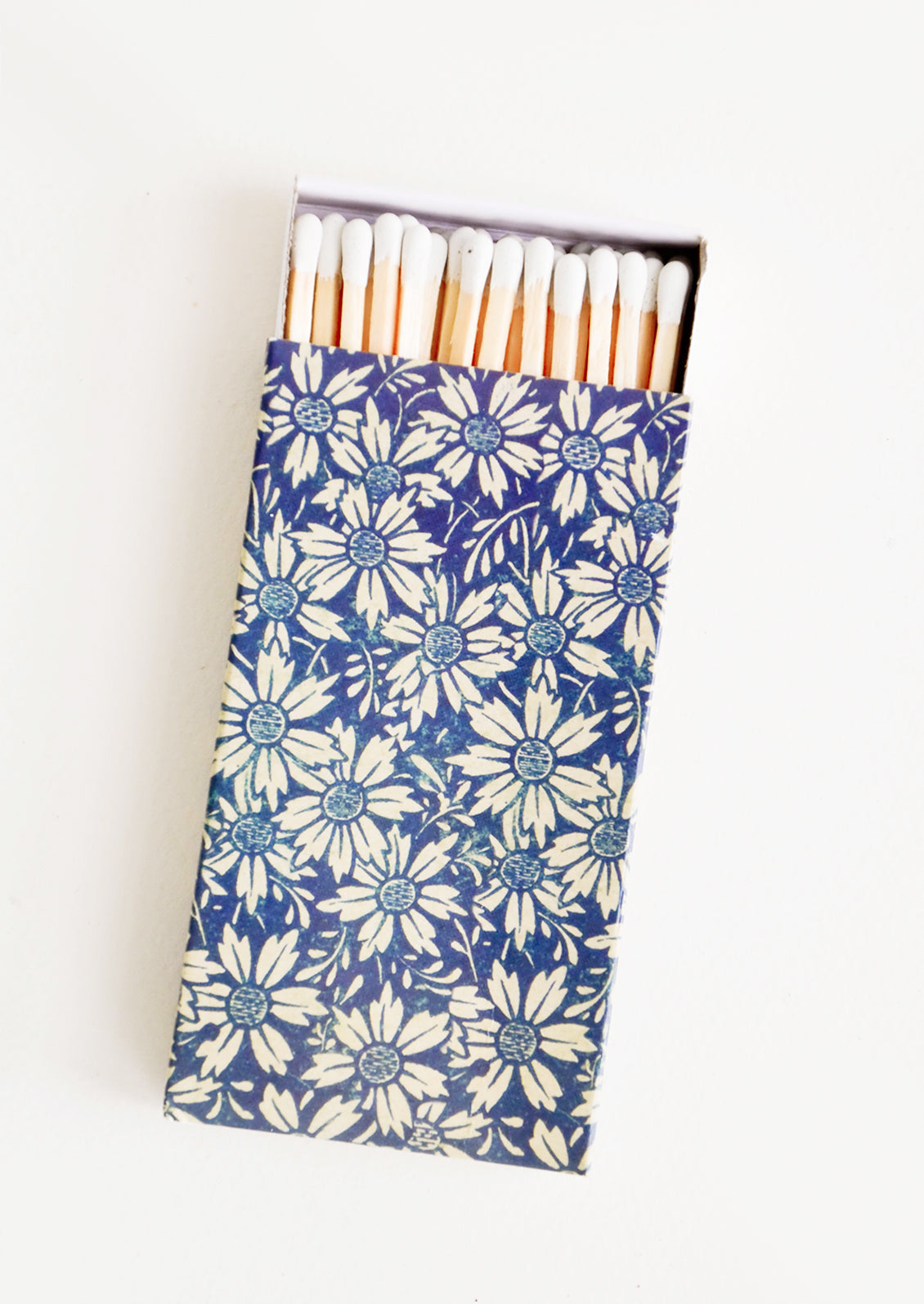 Matchbox with long length matches, box printed in blue floral pattern