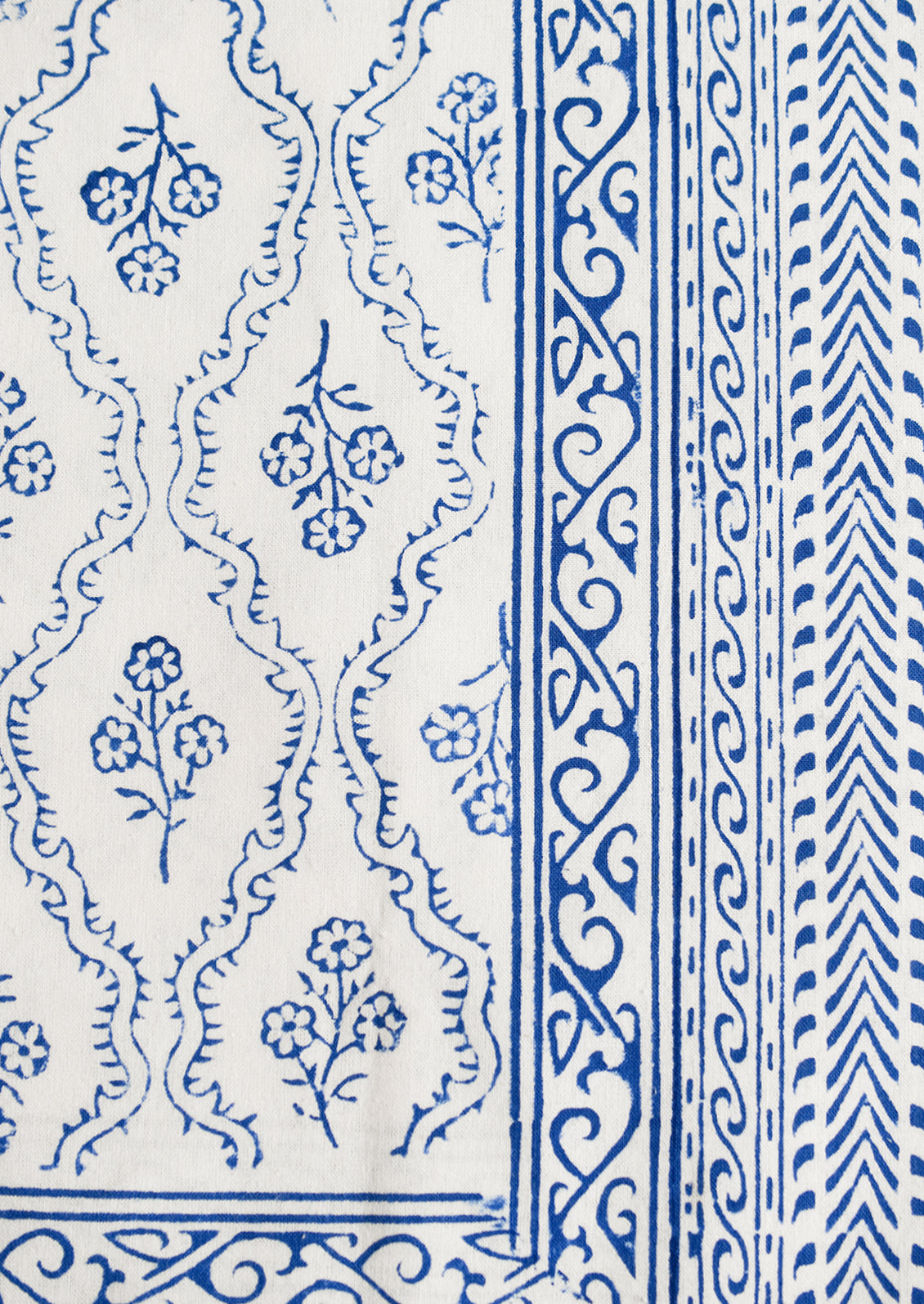 A blue and white block printed, floral print tablecloth.
