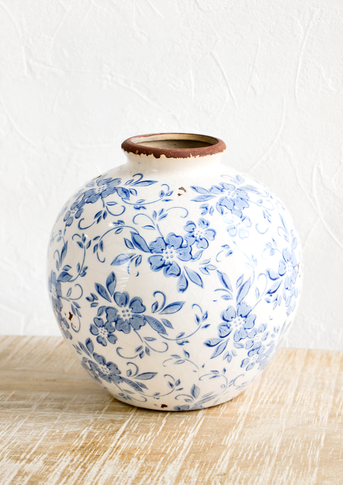 Blue floral "broderie" vintage inspired ceramic vase with narrow mouth opening
