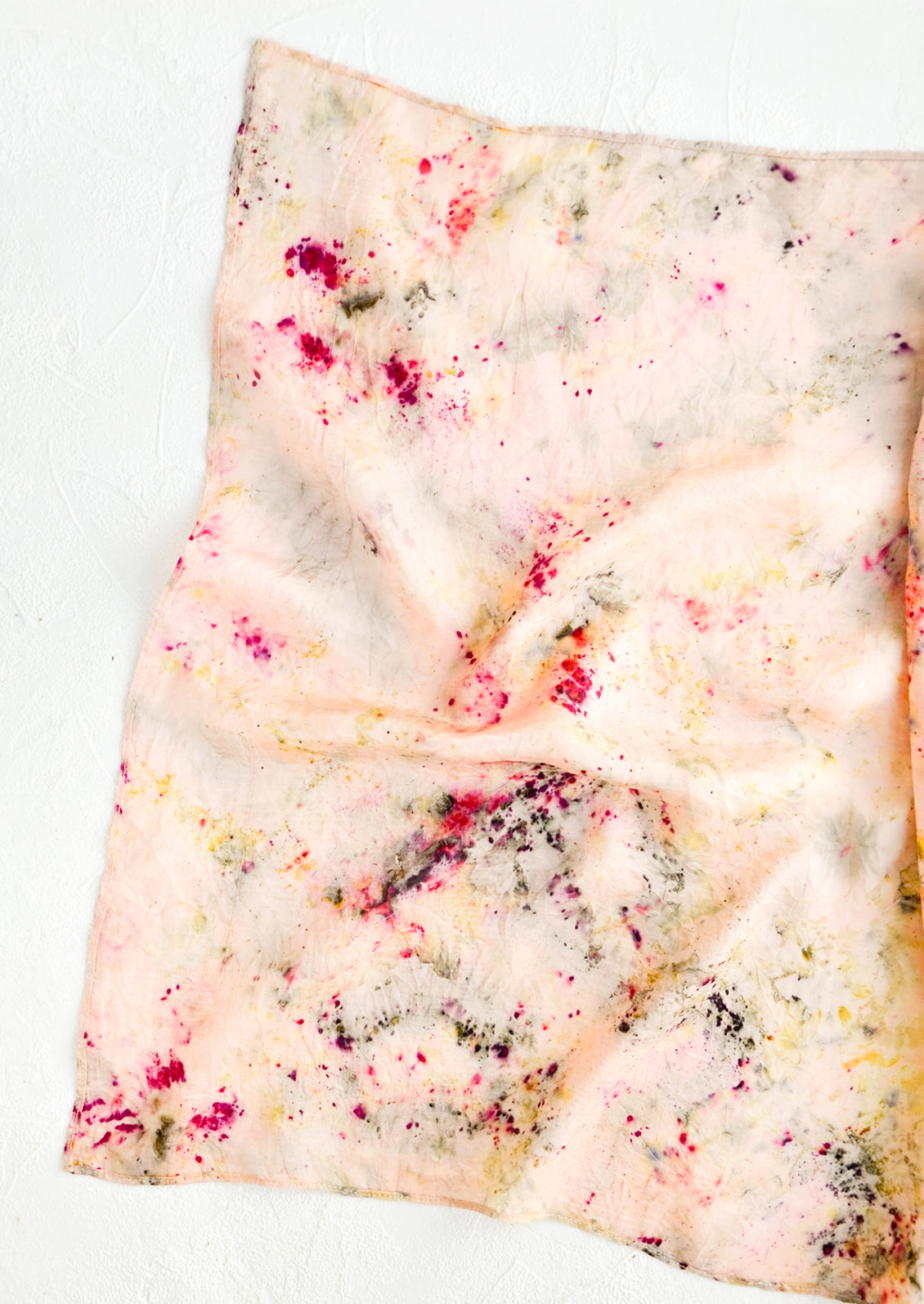 Botanically dyed, one of a kind silk scarf with randomized splatters of color. Soft pink with hot pink splatters.