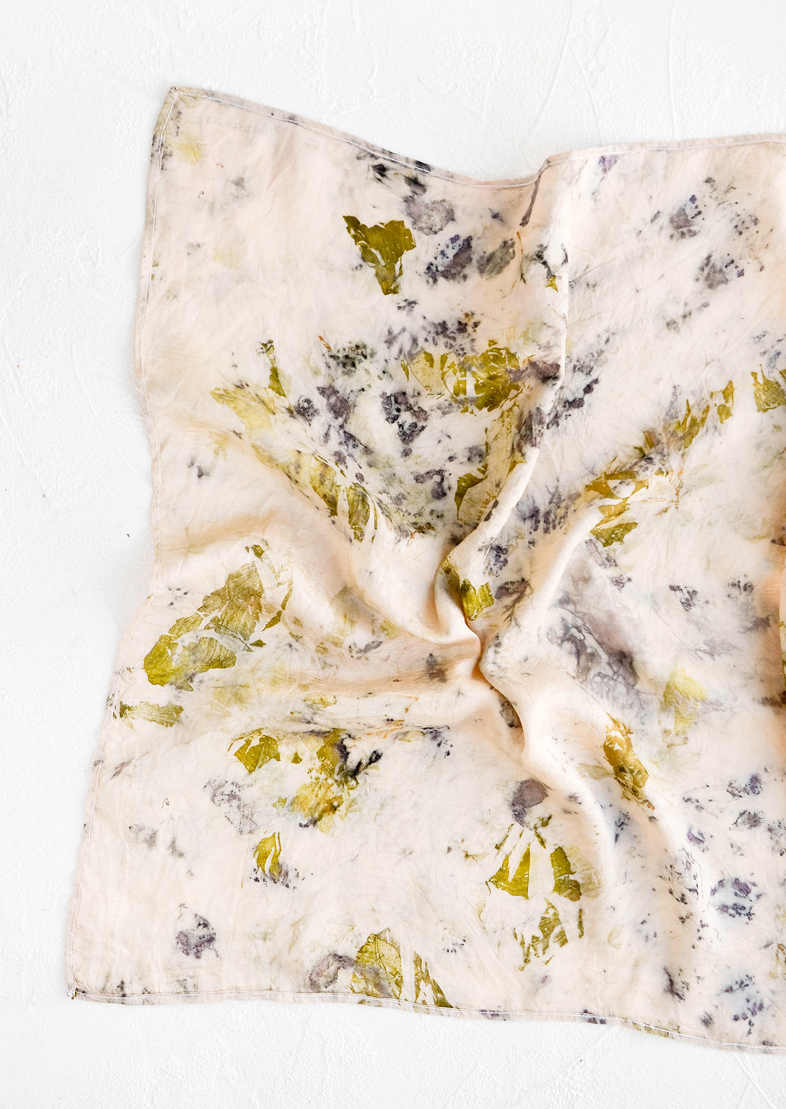 Botanically dyed, one of a kind silk scarf with randomized splatters of color. Pale pink with moss green and grey.