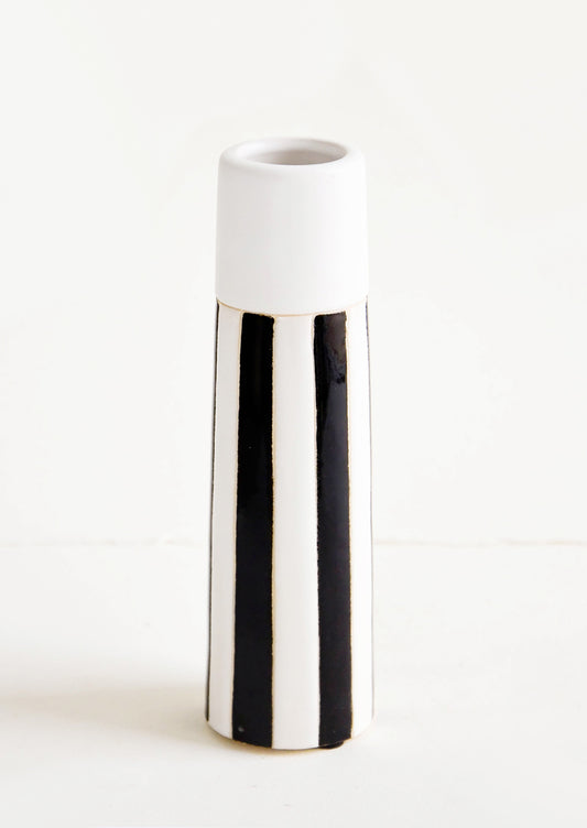 Tall and skinny black and white striped ceramic vase