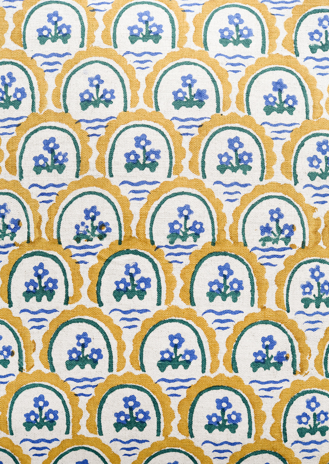 Yellow and blue floral block print motif.