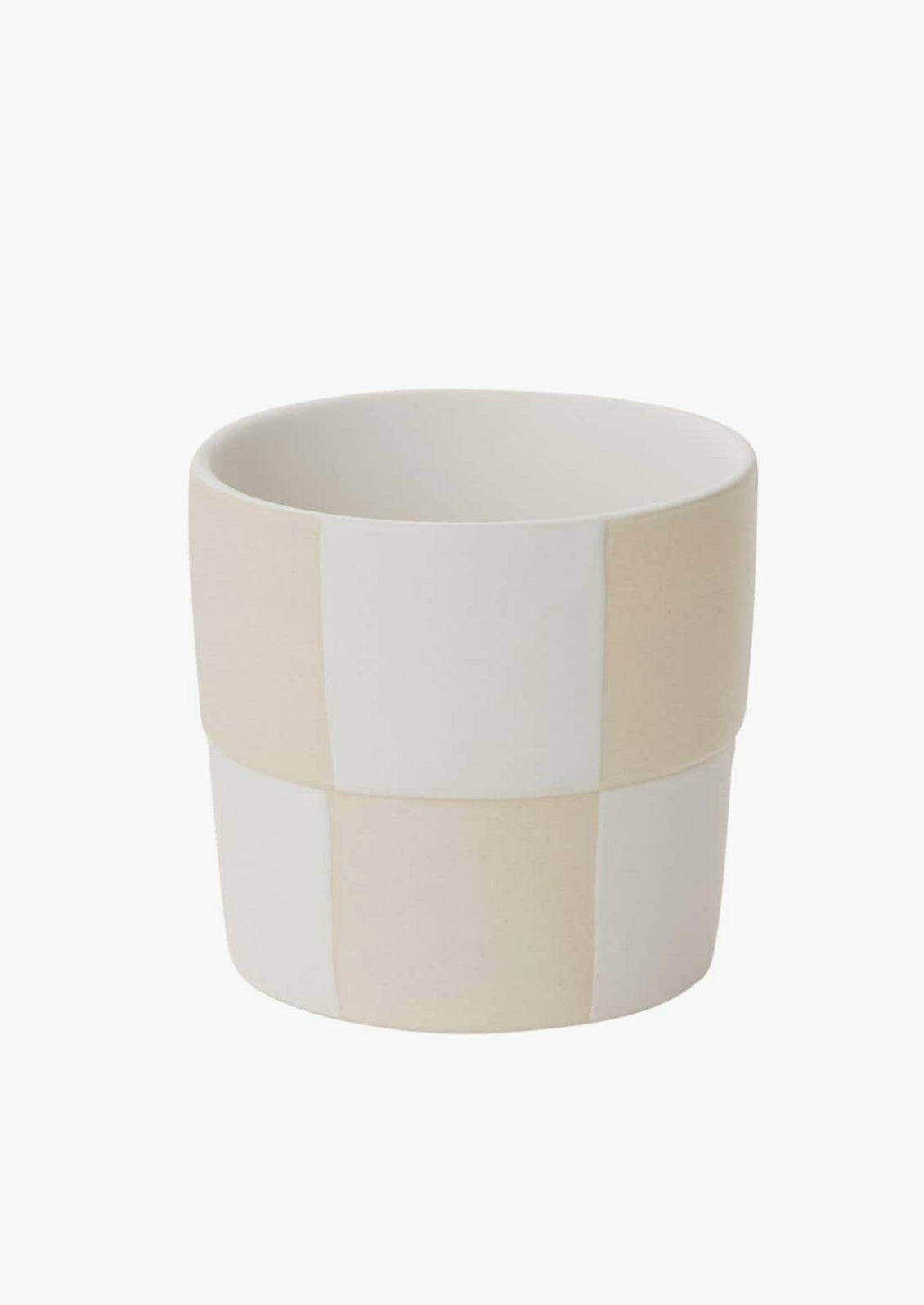 A small cream and white checker patterned planter pot.