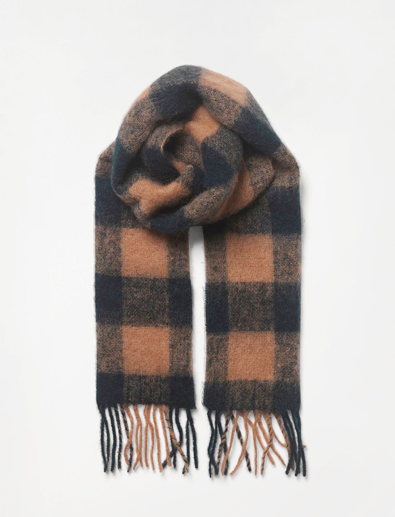A cozy scarf in green and brown check print.