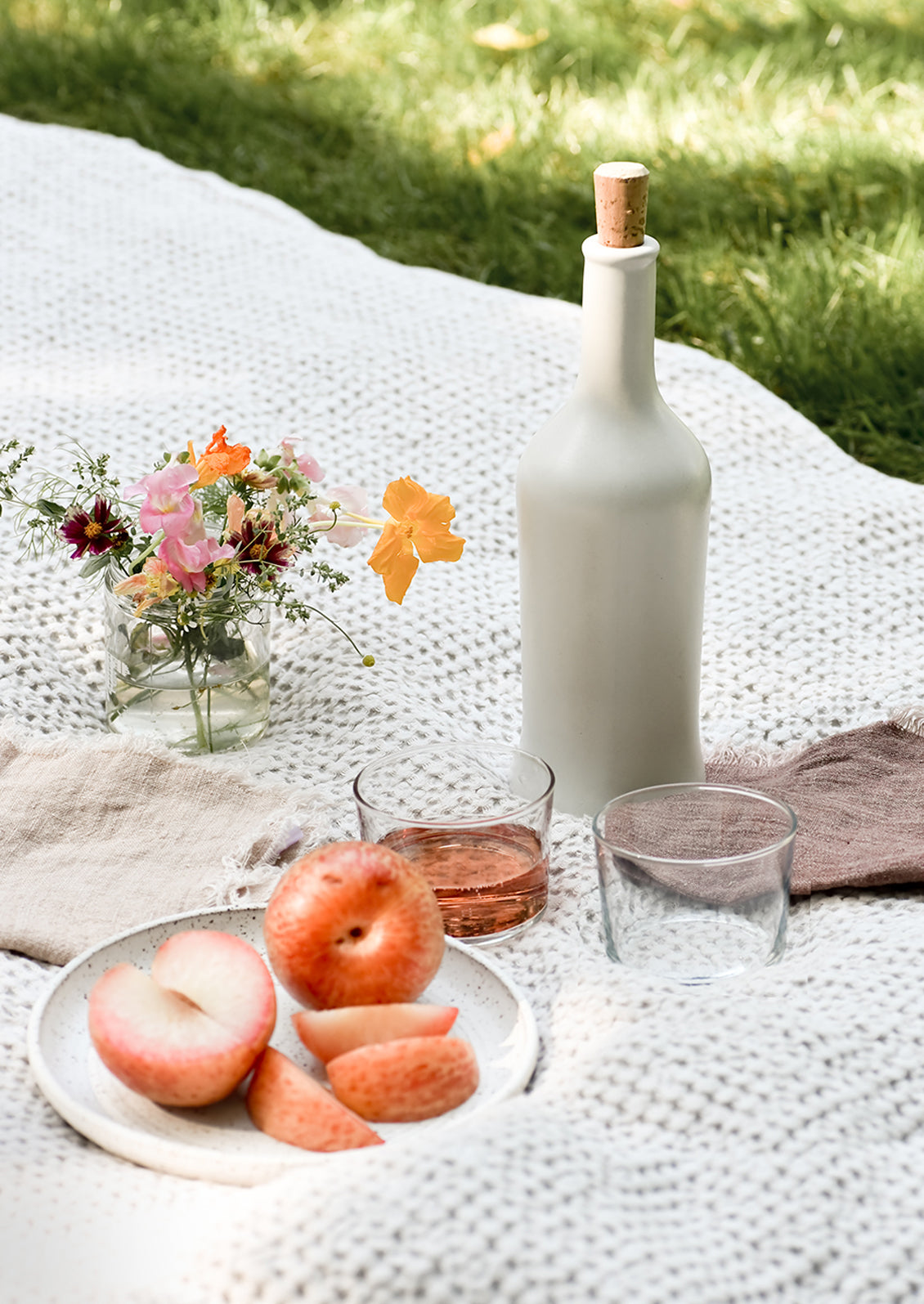 An outdoor picnic setting with wine and pluots.