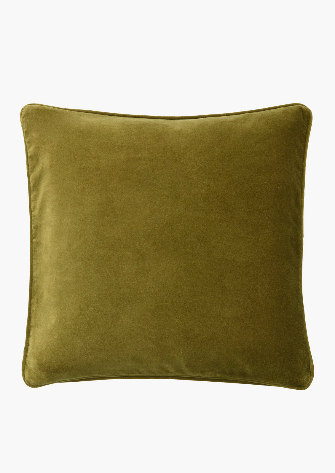 A square velvet throw pillow in khaki green.