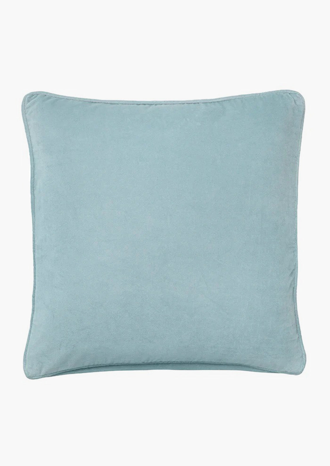 A square velvet throw pillow in lake blue.