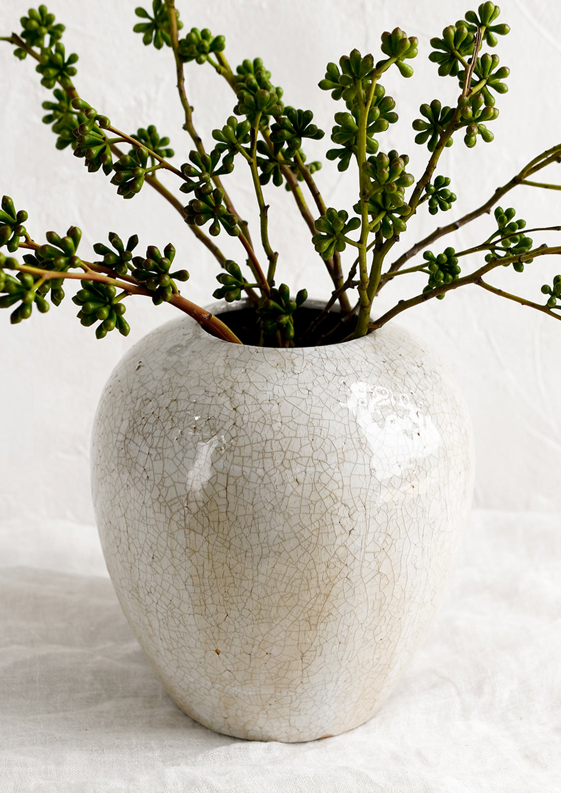 An off-white large ceramic vase with crackle pattern, with eucalyptus.