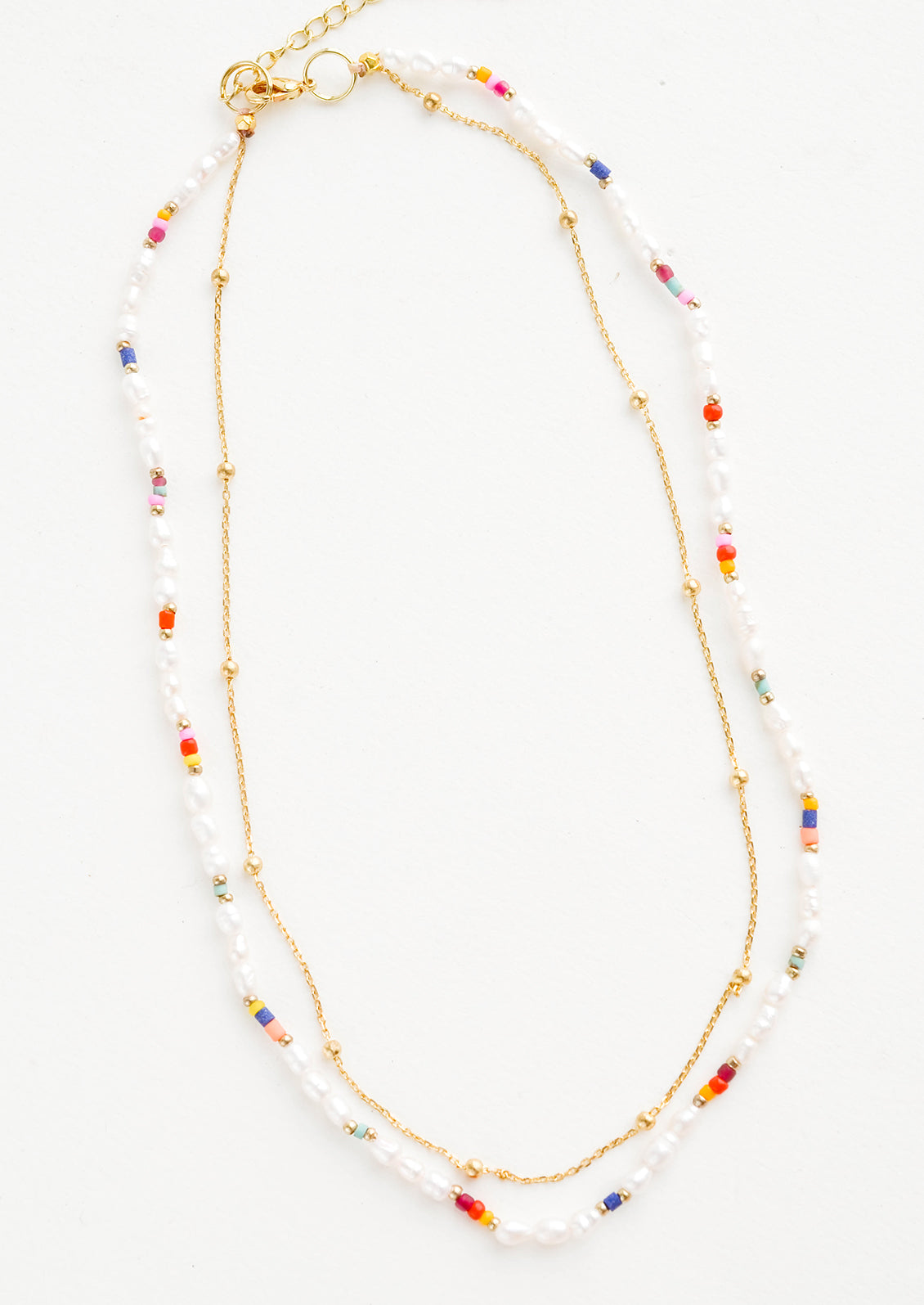 Double layer necklace with beaded pearl & glass bead layer and inner dainty gold chain layer