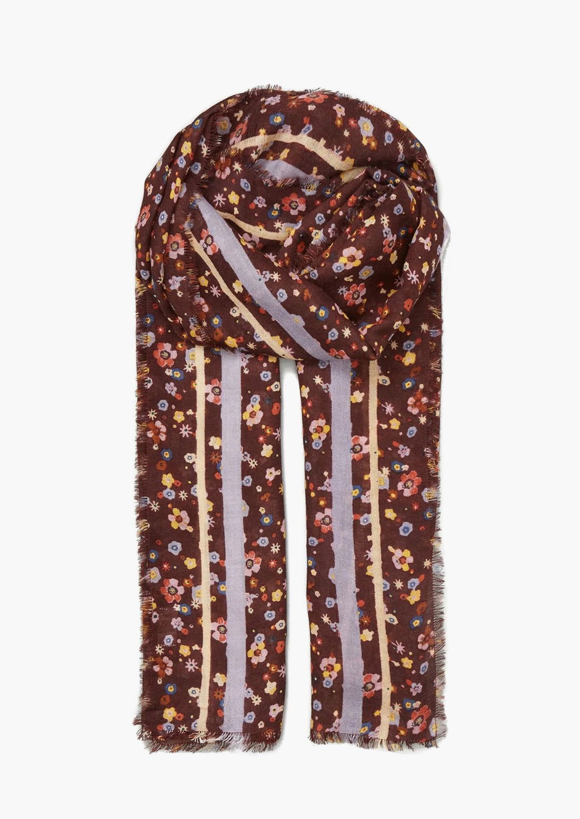 A floral print scarf with brown background and yellow and lilac border.