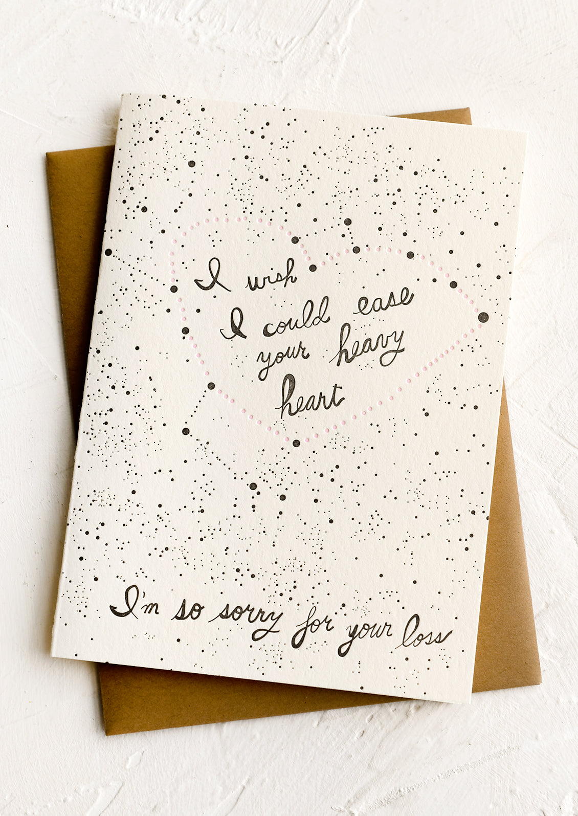 A greeting card with constellation print reading "I wish I could ease your heavy heart, I'm so sorry for your loss".