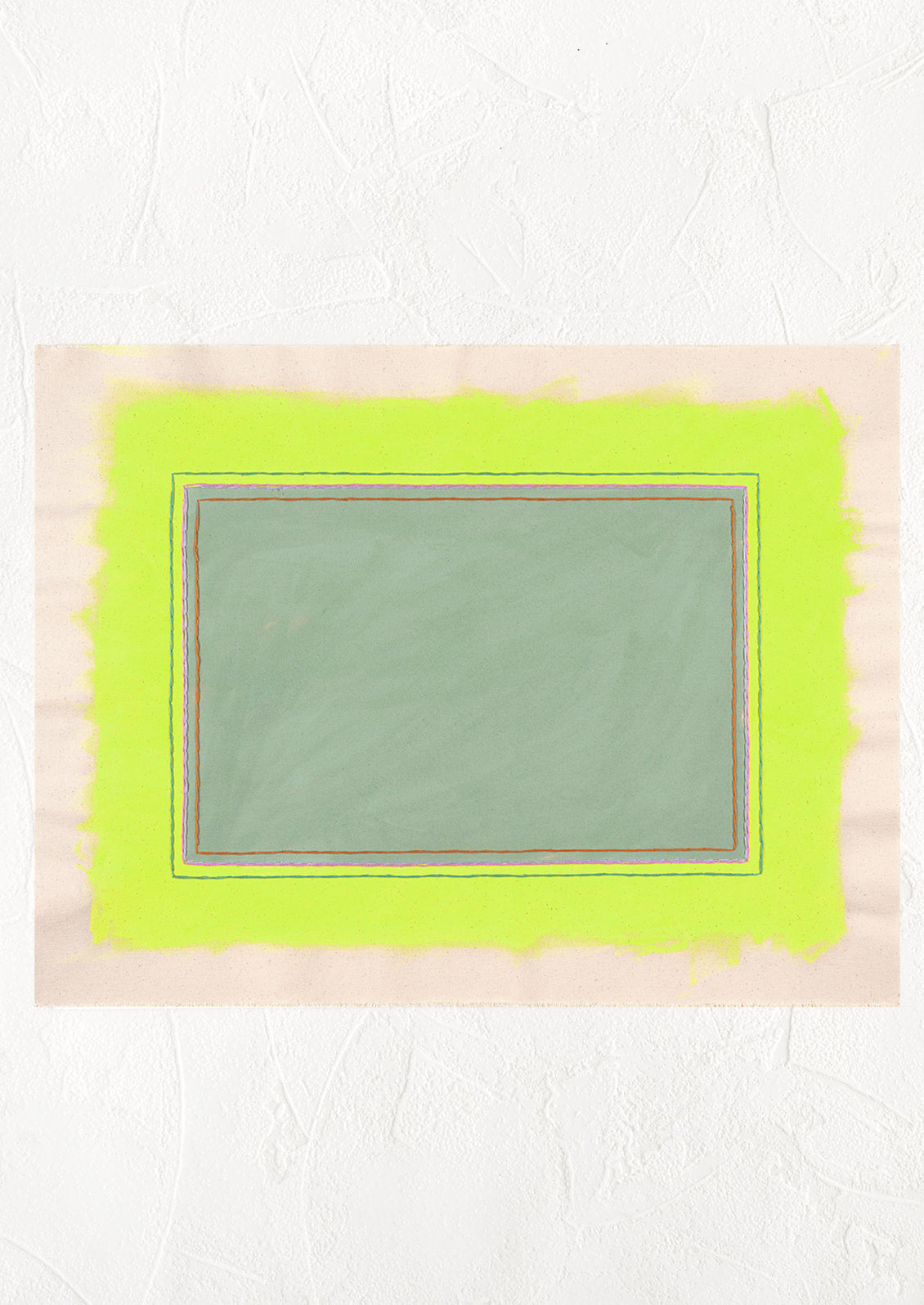 Digital reproduction of canvas painting featuring neon yellow and sage painted rectangles with embroidery detail.