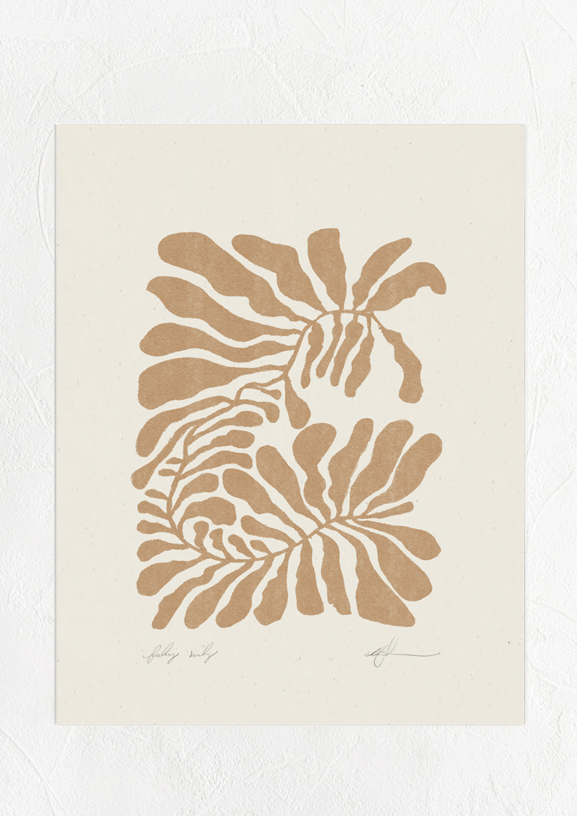 A digital art print of a curled leaf form in brown.