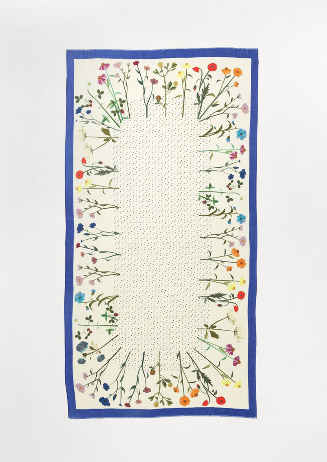 A floral printed scarf with flower border and dotted middle.