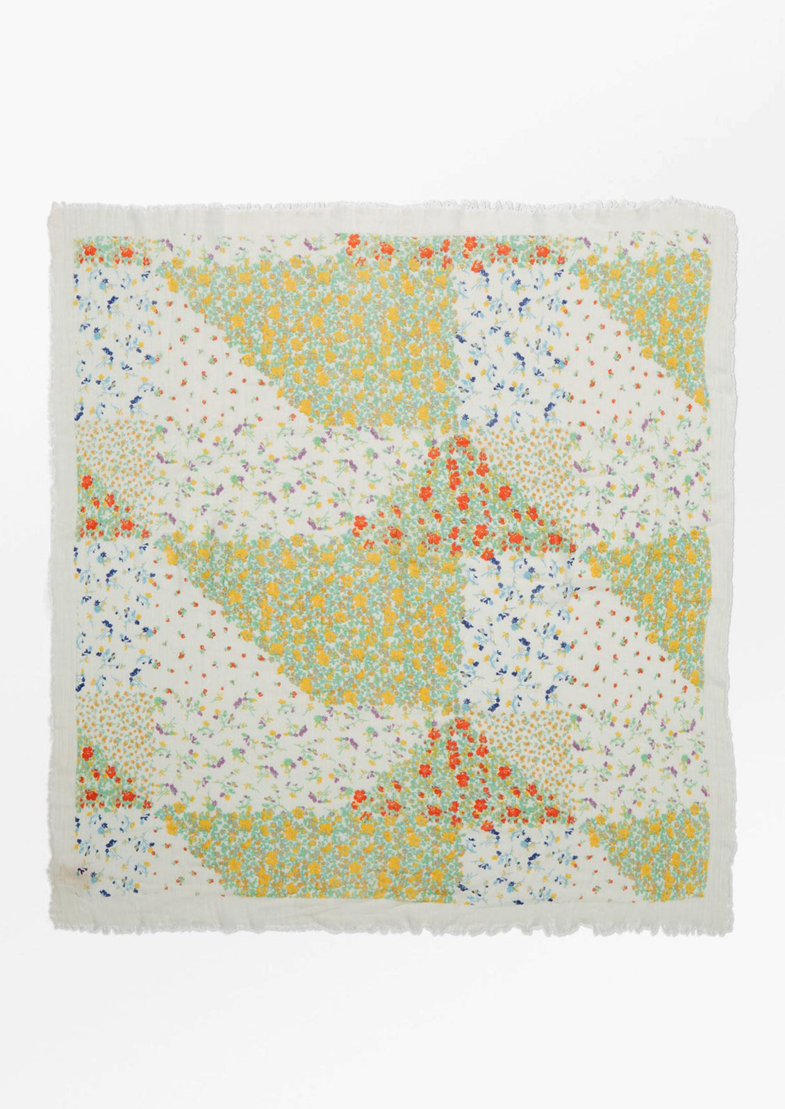 A square scarf in white floral quiltwork print.