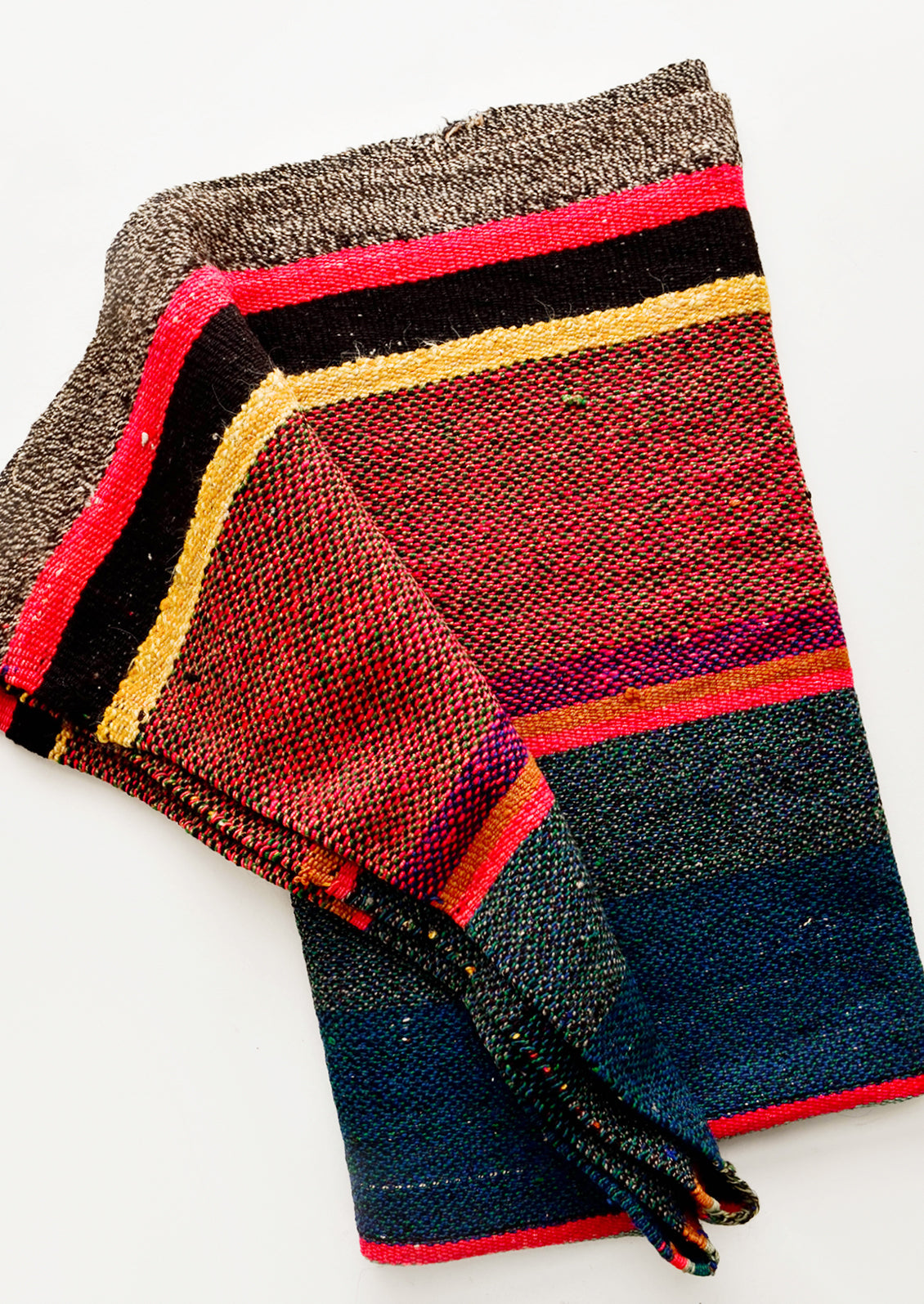 Vintage wool textile in striped pattern in a mix of blue, pink, black and yellow