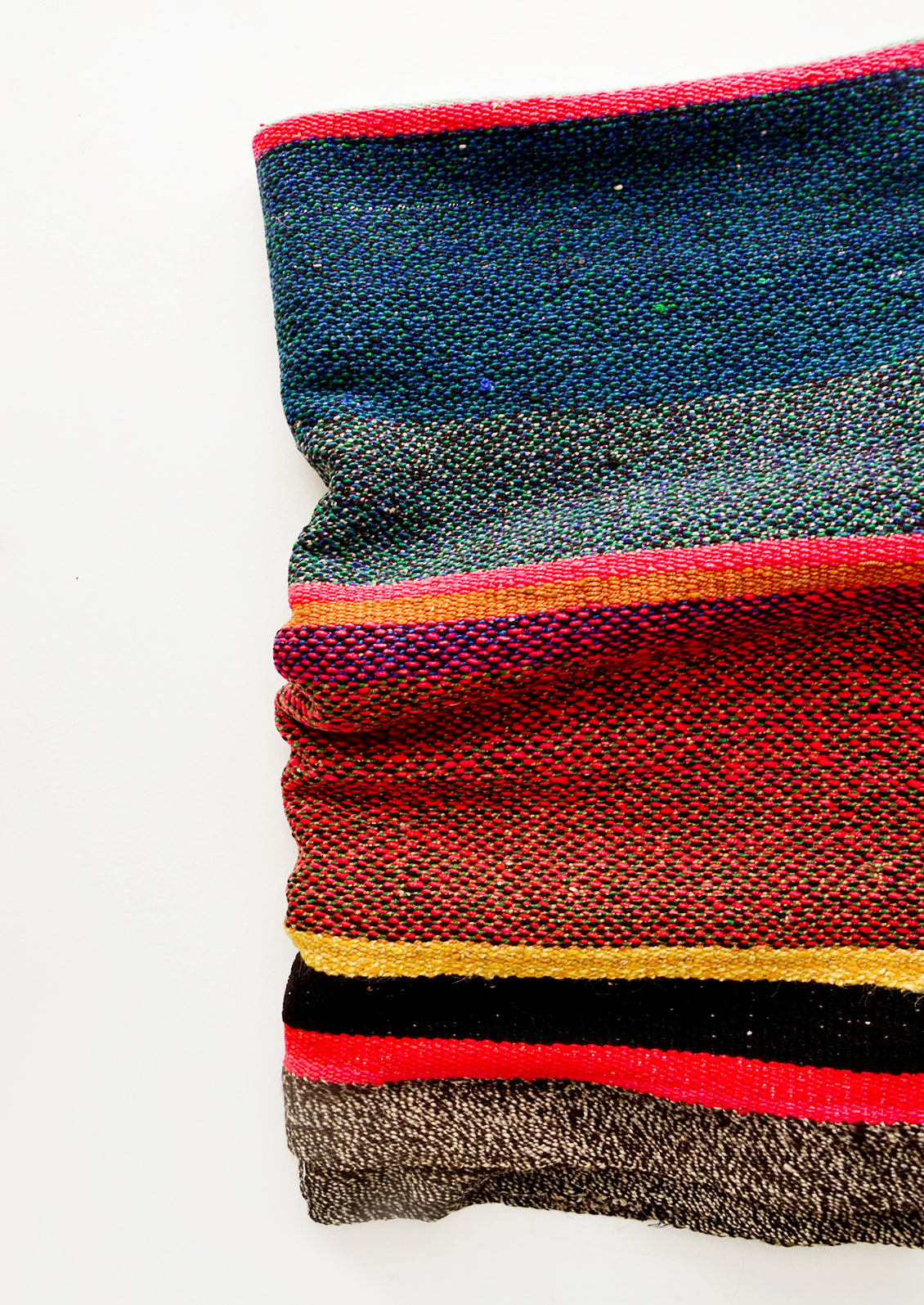 Vintage wool textile in striped pattern in a mix of blue, pink, black and yellow