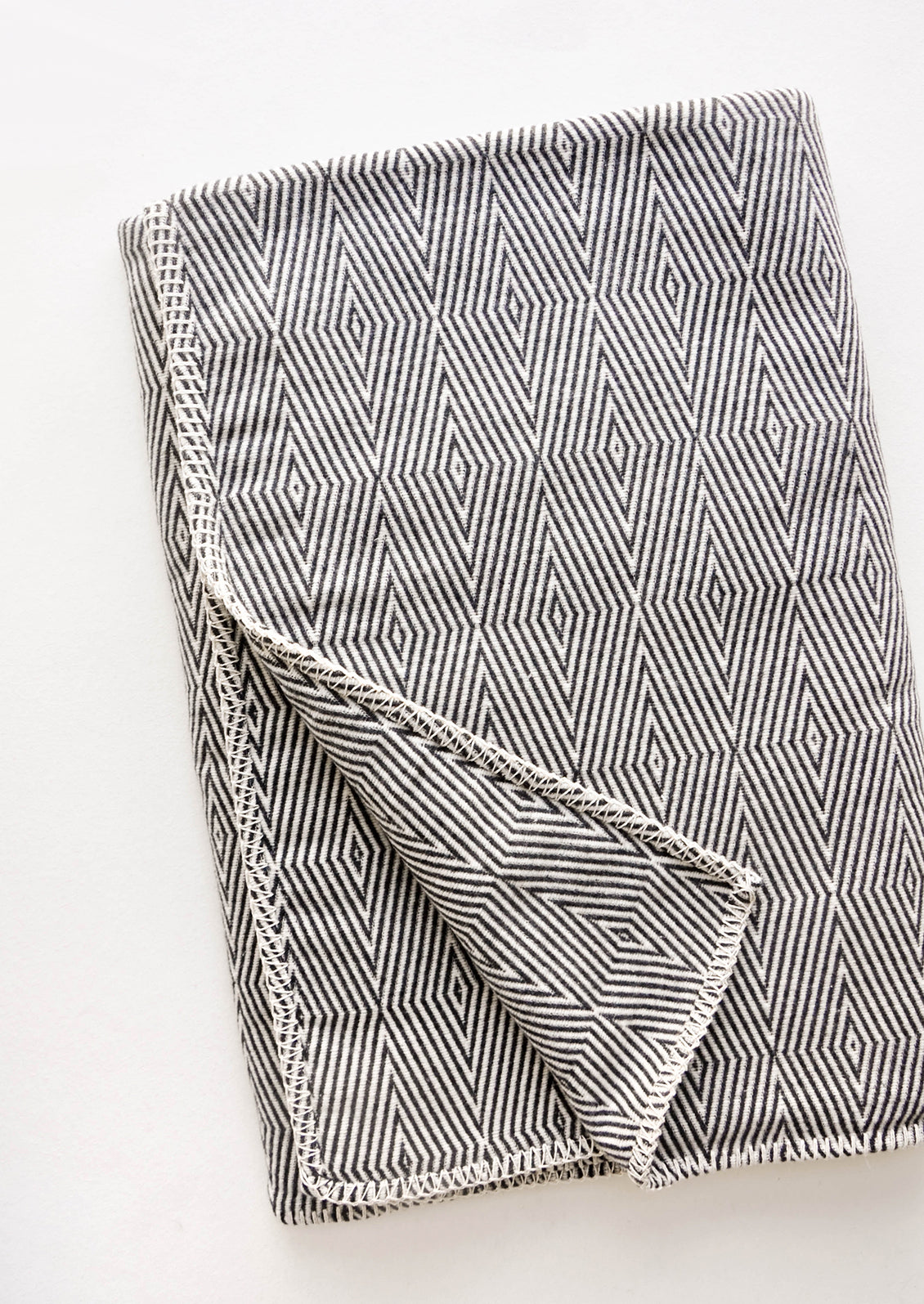Cotton blanket with allover geometric diamond pattern in black and white