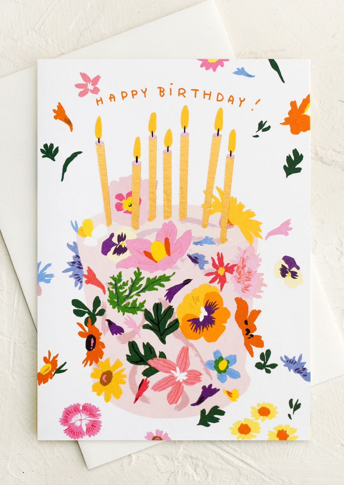 A greeting card with image of colorful floral cake, text at top reads "Happy birthday!".