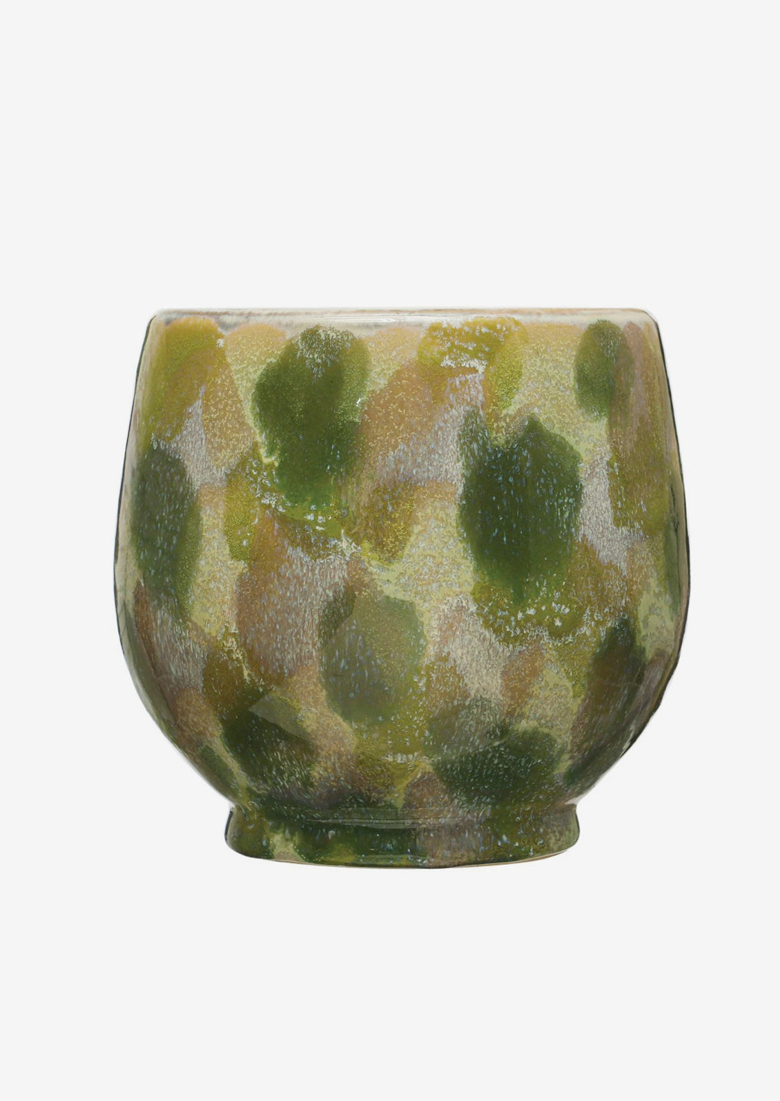 A footed planter with green paint stroke pattern.