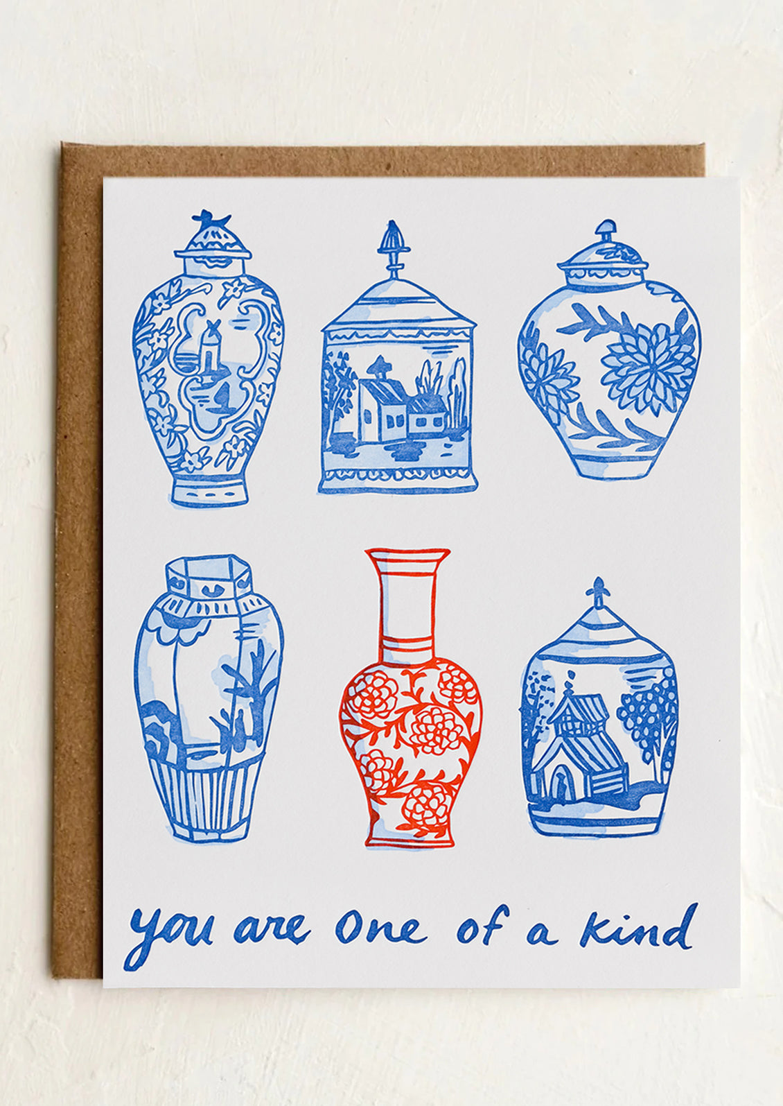 A greeting card with images of ginger jars and text reading "You are one of a kind".