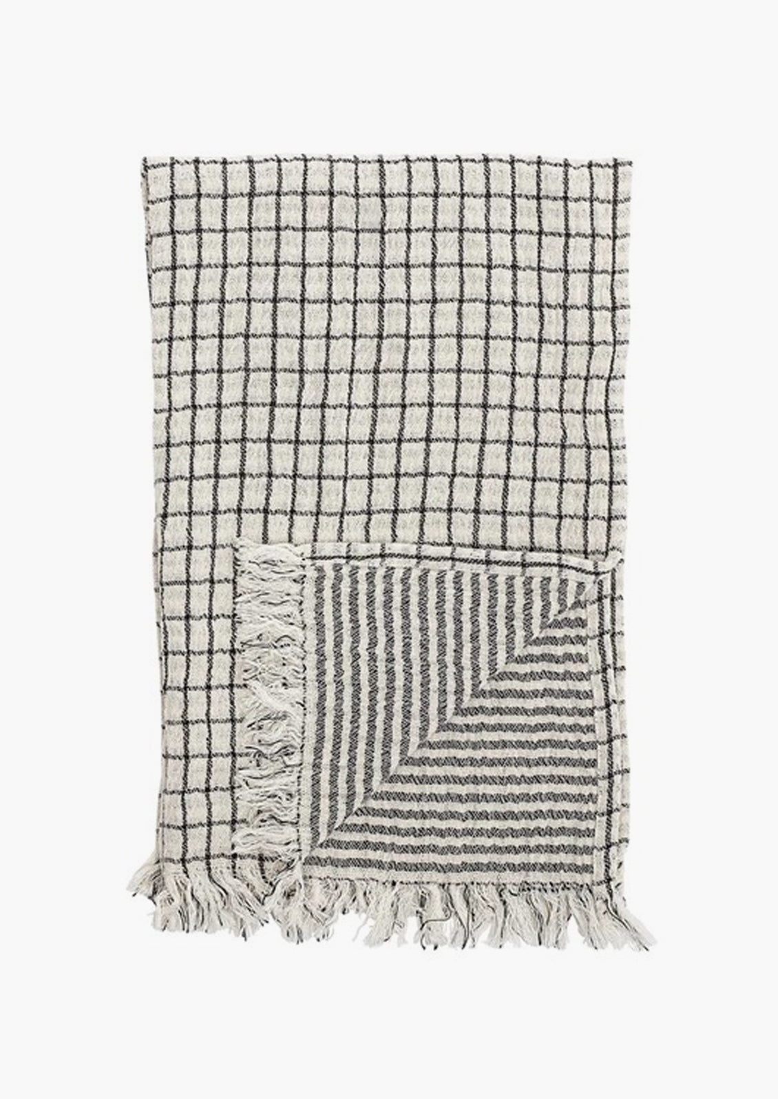 A gingham tea towel in black check with striped reverse side.