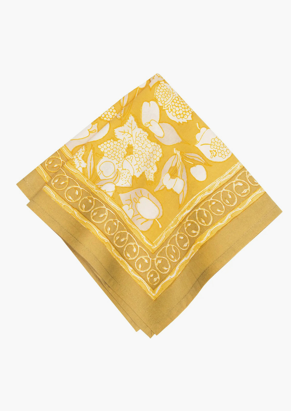 A pair of mustard/gold napkins with fruit print.
