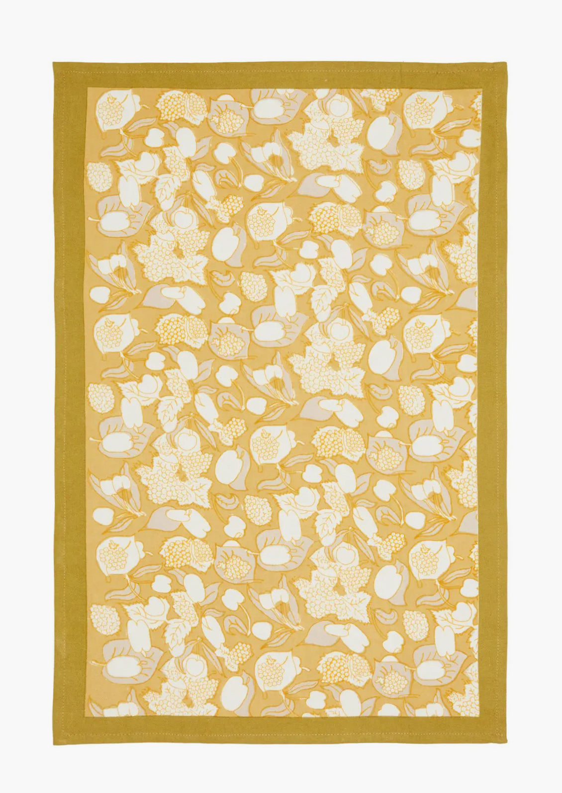 A gold, grey and white fruit print tea towel.