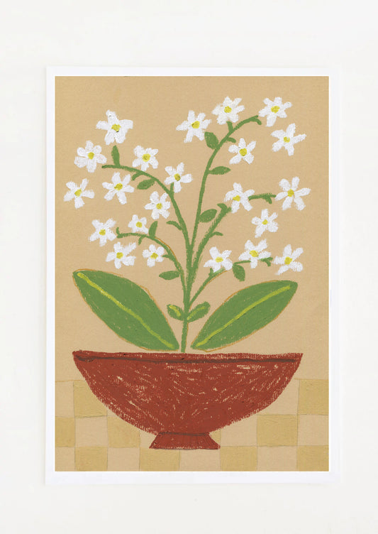 An art print of drawing of white flowers in a bowl.
