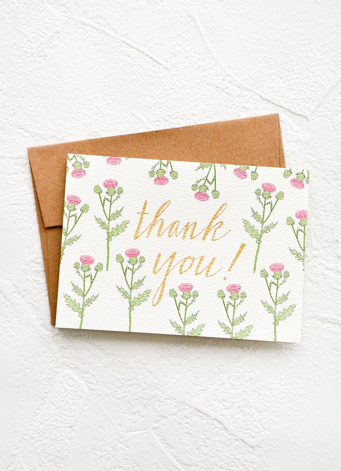 Thistle printed thank you card with gold letters, paired with kraft envelope.