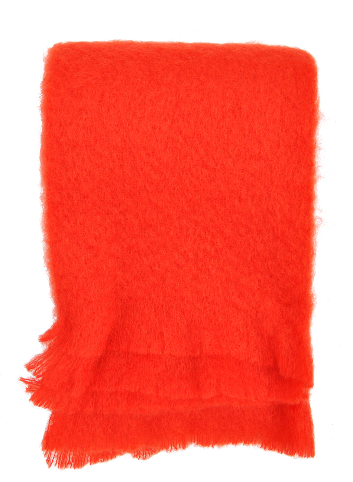 Fluffy mohair blanket with soft fringe trim in vibrant shade of red-orange