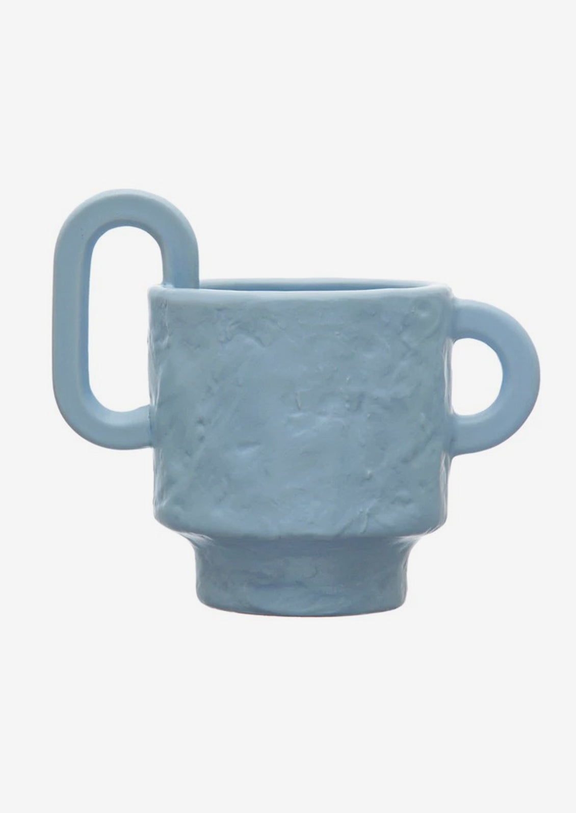 A sky blue planter with irregular texture and asymmetric handle detail.