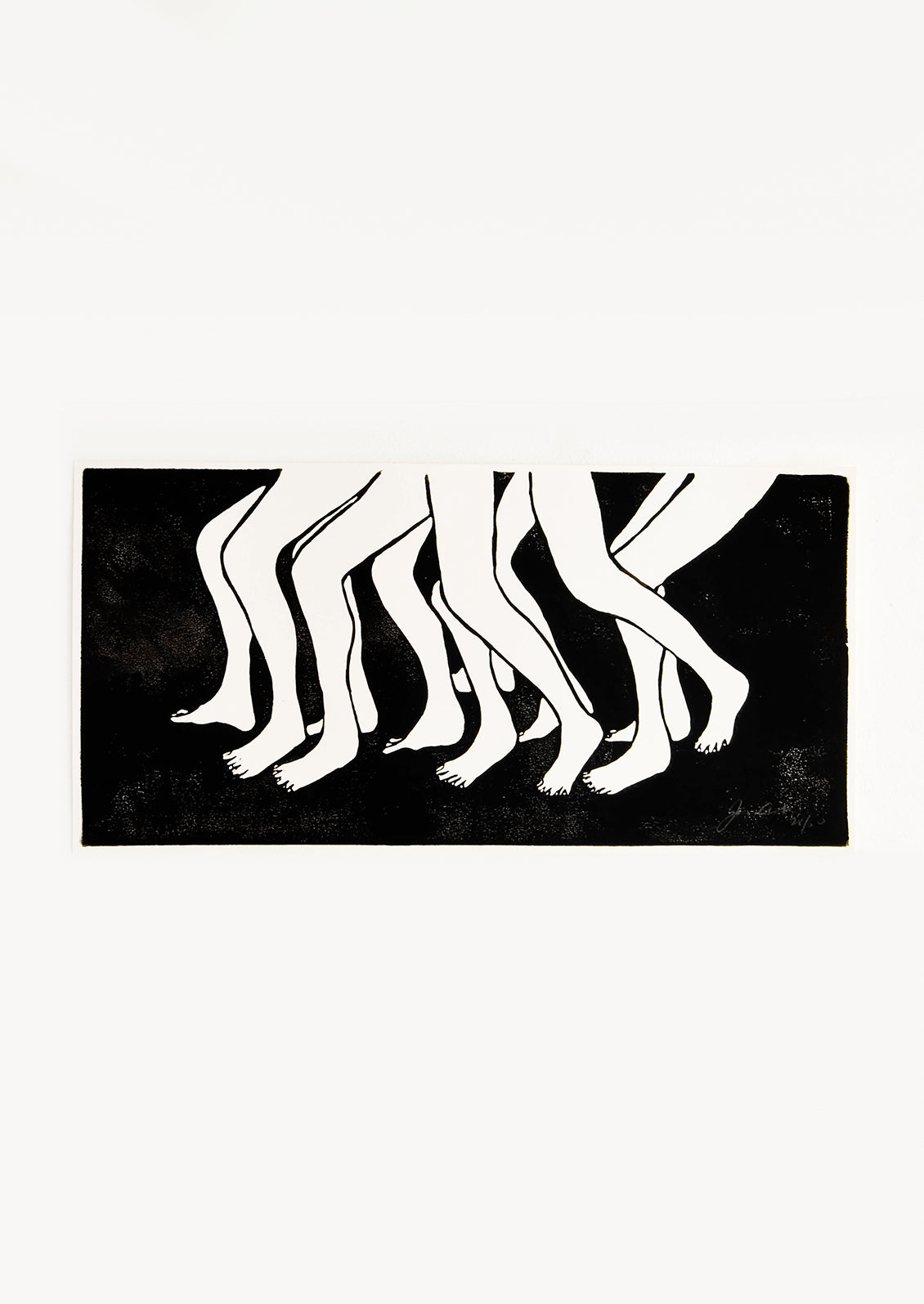Hand printed artwork with black background and a bunch of moving legs in white