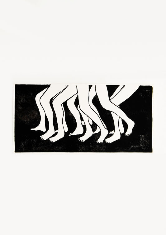Hand printed artwork with black background and a bunch of moving legs in white