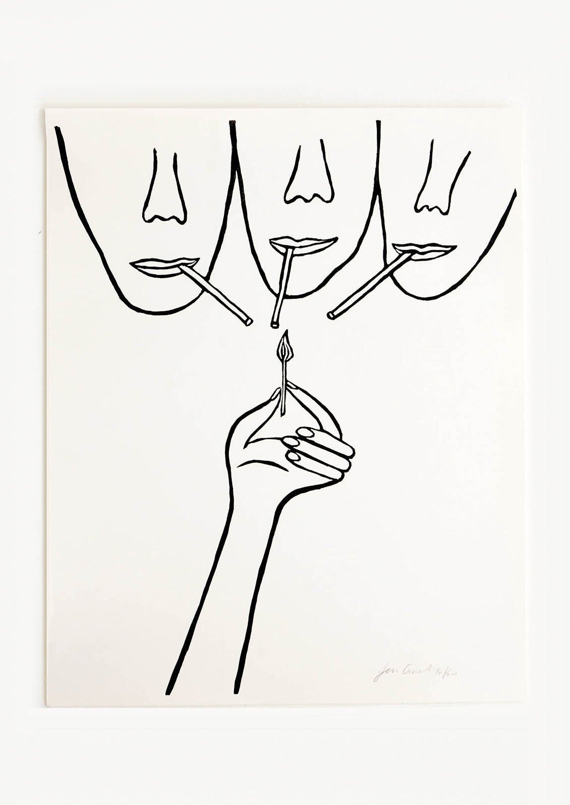 Hand printed artwork with off-white background and black drawing of three faces from the nose down, holding cigarettes up to a flame