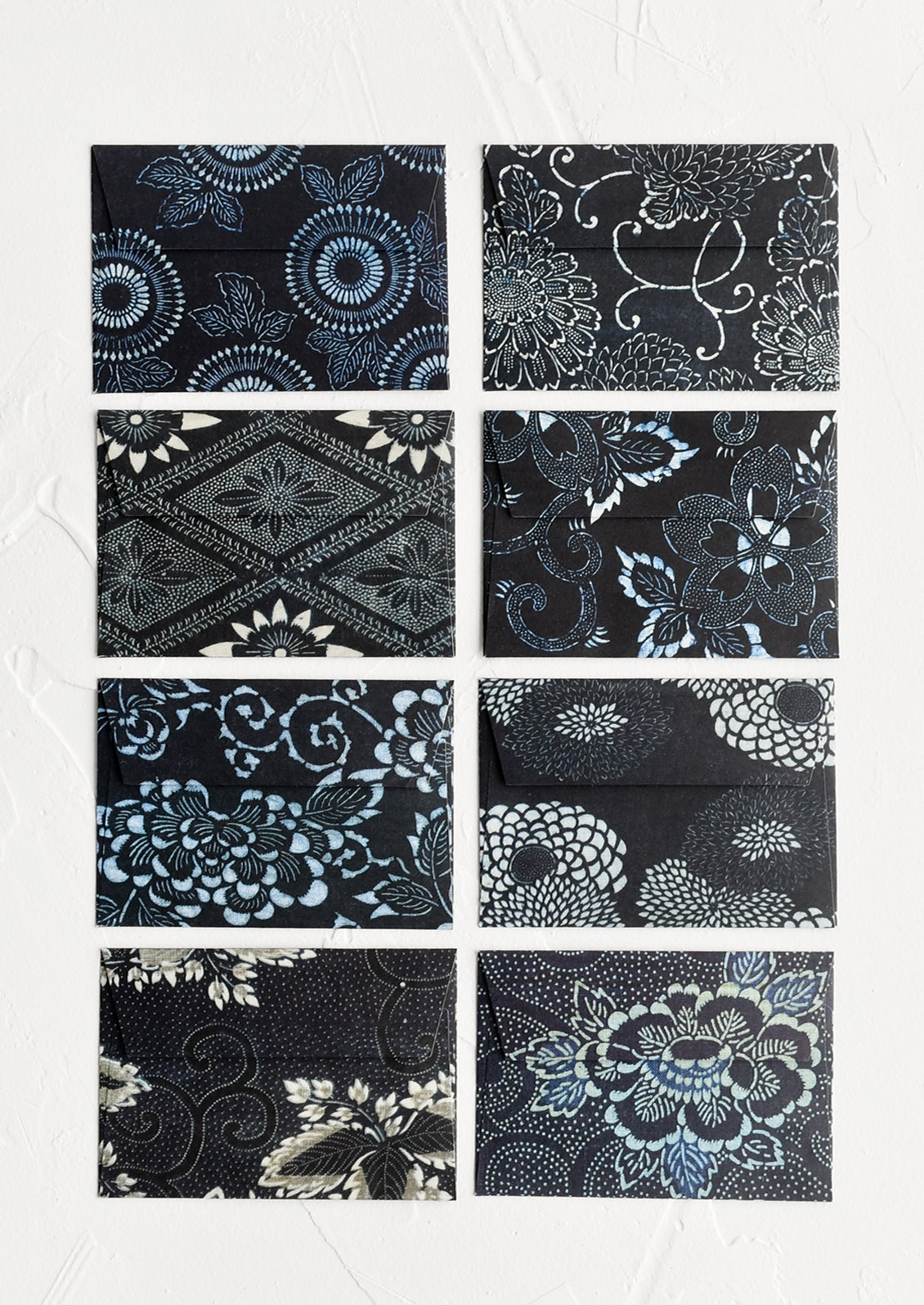 Indigo printed mini envelopes.